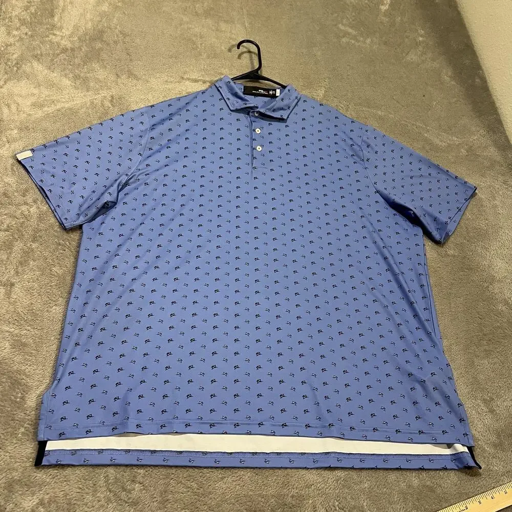 RLX Ralph Lauren Polo Shirt Mens 2XL Blue Fish Print Golf Performance Stretch